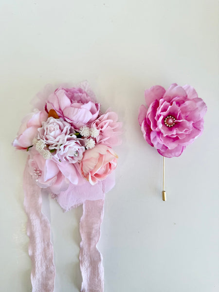 Baby Pink Prom Corsage and Boutonniere Set, Wedding Corsages, Wrist Corsage, Bridesmaids Corsage, Bridal Bracelets