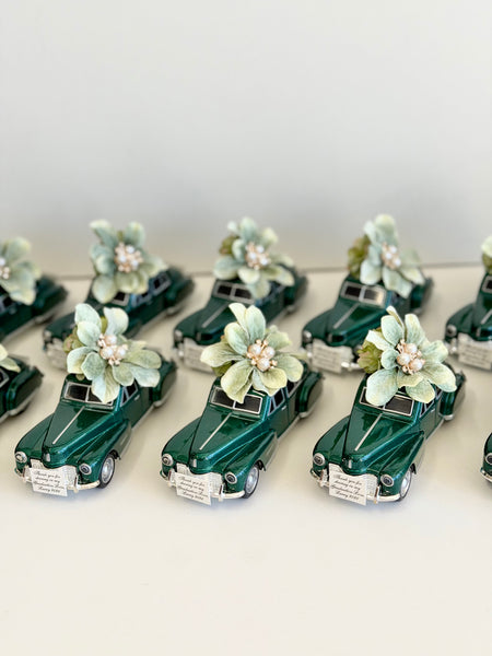 Vintage Elegance Car Wedding Favors, Emerald Green Personalized Guest Keepsakes, Luxury Custom Party Gifts