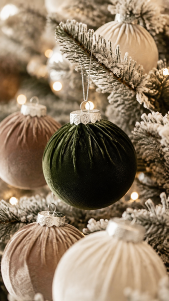 15 pcs Earth Tone Velvet Christmas Ornaments in Neutral Beige, Taupe and Forest Green, Handmade Cozy Holiday Tree Decor, Boho Farmhouse