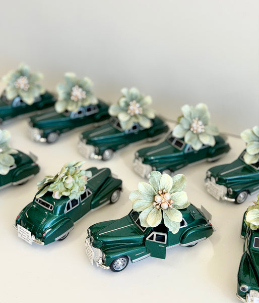 Vintage Elegance Car Wedding Favors, Emerald Green Personalized Guest Keepsakes, Luxury Custom Party Gifts