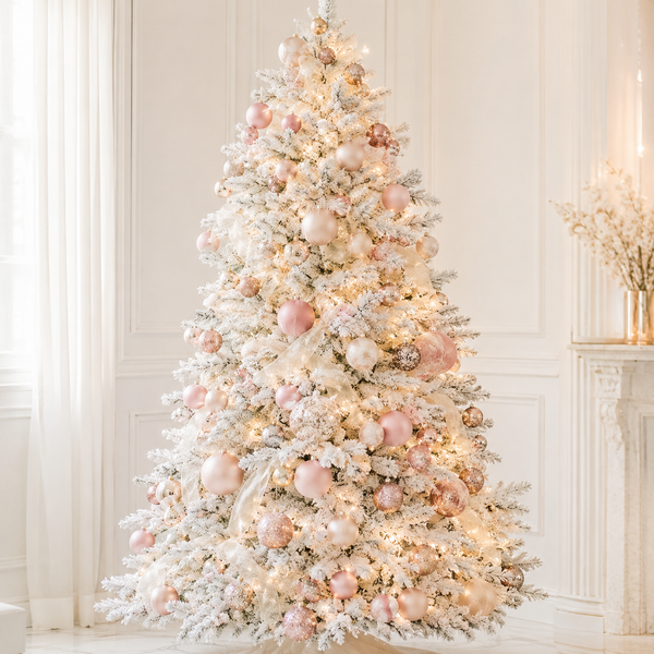A flocked Christmas tree decorated with blush pink and white ornaments, white ribbons, and warm white string lights, set in a bright, elegant room with white paneled walls.
