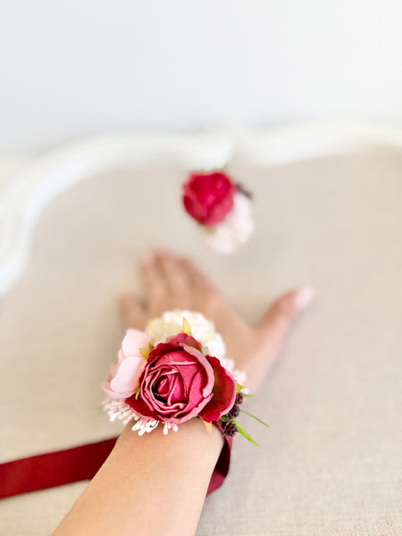Red Pink Prom Corsage and Boutonniere Set, Wedding Wrist Corsage, Burgundy Corsage Set, Bridesmaids Corsage, Bridal Bracelets