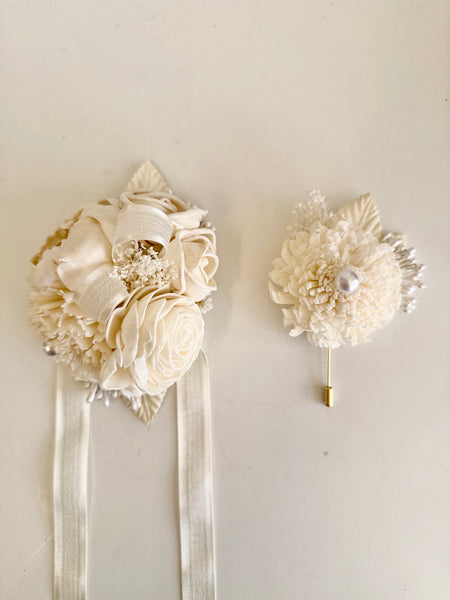 Elegance Ivory Sola Wood Flower Corsage and Boutonniere Set, Prom Party Corsage Set