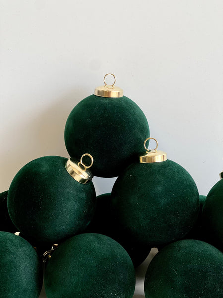Flocked Christmas Ornaments: Emerald Green- 12 pcs 3,15" Boho Holiday Decor