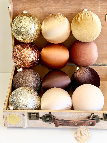 12 pcs Luxury Brown Shades Christmas Ornaments, Mix of Velvet Satin Glitter Textured Balls, Elegant Holiday Tree Decorations, Christmas Gift
