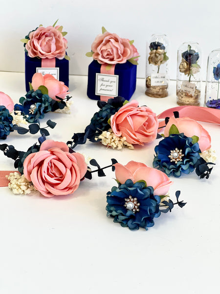 Coral and Navy Blue Wedding Corsage, Bridesmaid Corsage, Promo Corsage Boutonnières Set