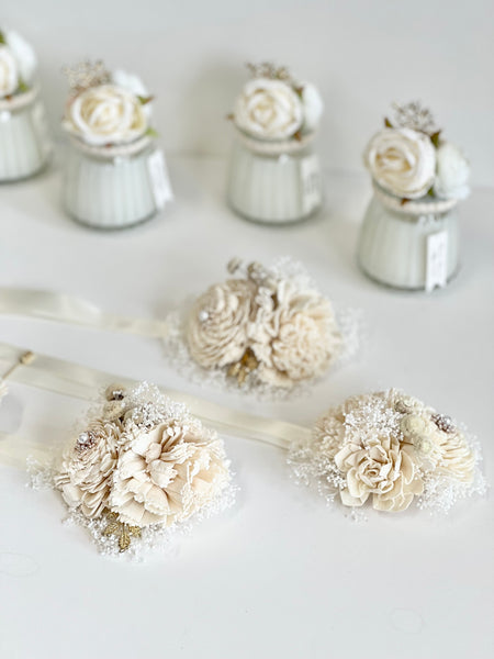 Ivory Sola Wood Flower Corsage and Boutonniere Set, Prom Party Corsage Set
