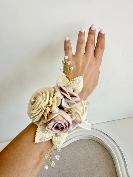 Ivory Beige Sola Wood Flower Corsage and Boutonniere Set, Prom Party Corsage Set