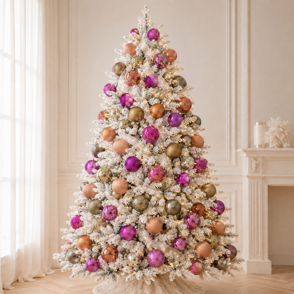 A flocked Christmas tree decorated with purple, bronze, and gold ornaments, styled in a bright, elegant room with a fireplace and window.