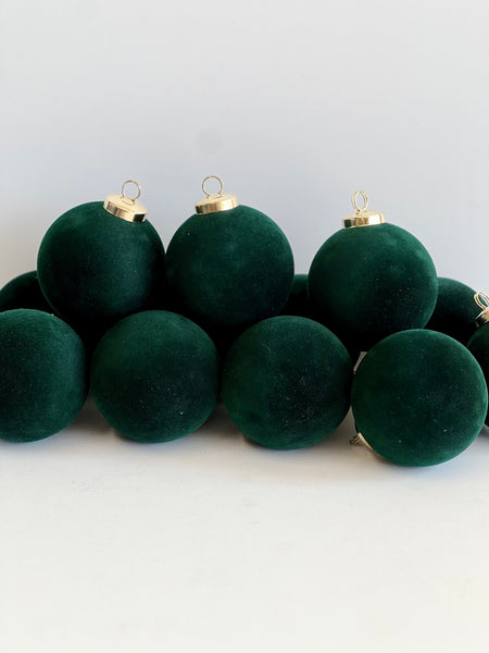Flocked Christmas Ornaments: Emerald Green- 12 pcs 3,15" Boho Holiday Decor