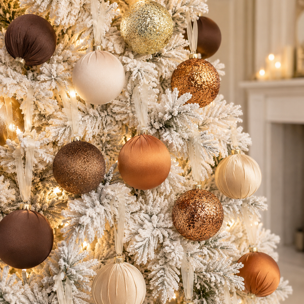 A close-up of a decorated flocked Christmas tree with warm white lights and metallic gold, bronze, and cream ornaments. A softly blurred fireplace and candles are visible in the background.