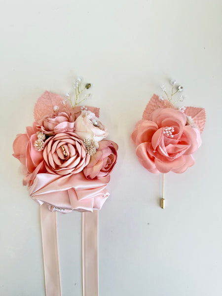 Peach Wedding Corsages, Prom Corsage Boutonniere Set, Wrist Blush Peach Corsage, Bridesmaids Corsage, Bridal Bracelets, Blush Boutonnière