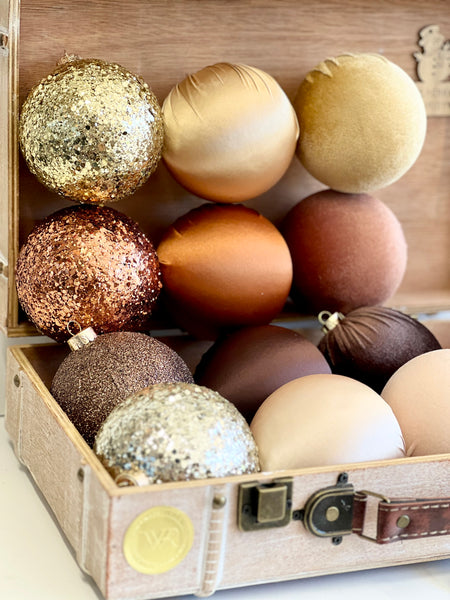 12 pcs Luxury Brown Shades Christmas Ornaments, Mix of Velvet Satin Glitter Textured Balls, Elegant Holiday Tree Decorations, Christmas Gift