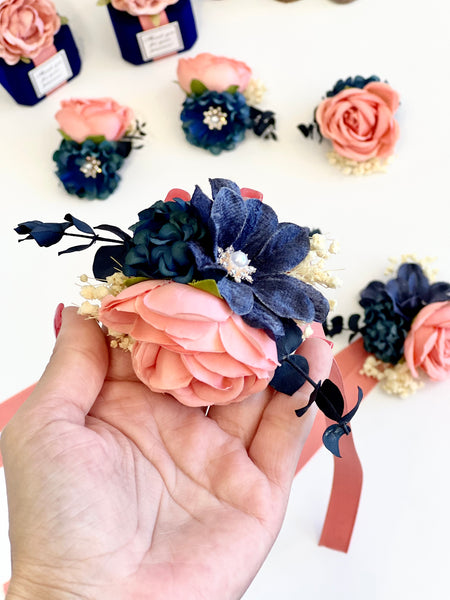 Coral and Navy Blue Wedding Corsage, Bridesmaid Corsage, Promo Corsage Boutonnières Set