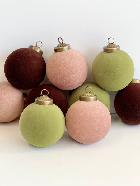 Flocked Christmas Ornaments: Olive Green, Beige, Brown Colors- 9 pcs 3,15" Boho Holiday Decor