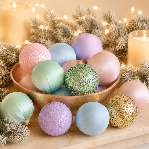 A collection of pastel Christmas ornaments in matte and glitter finishes, arranged in a gold bowl with frosted pine branches and warm string lights in the background.
