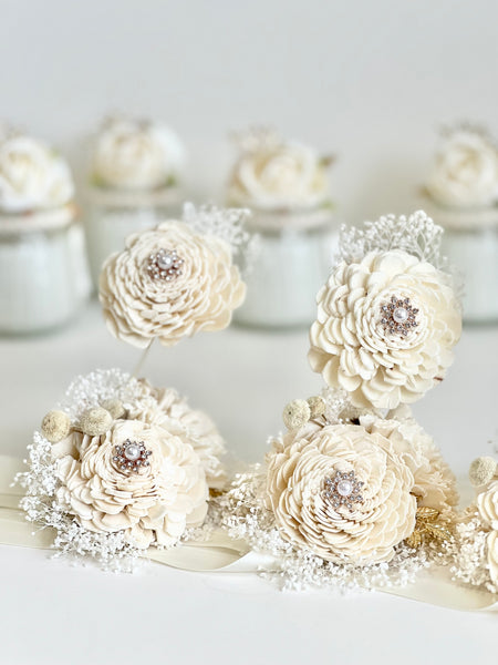 Ivory Sola Wood Flower Corsage and Boutonniere Set, Prom Party Corsage Set