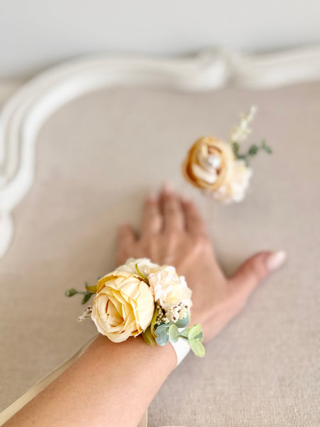 Wedding Corsages, Prom Corsage and Boutonniere Set, Wrist Corsage, Milky Wrist Corsage, Bridesmaids Corsage, Bridal Bracelets