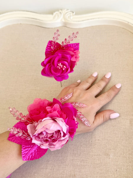 Hot Pink Elegance Corsage and Boutonniere Set, Wedding Prom, Prom Party Corsage Set