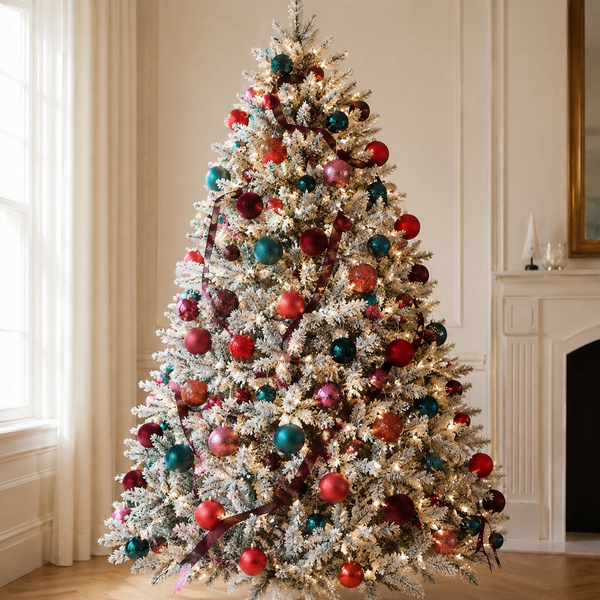 A flocked Christmas tree decorated with red, teal, and burgundy ornaments, set in a bright living room next to a window and fireplace.