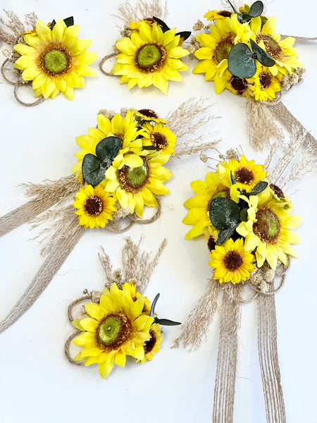 Sunflower Wedding Corsages Boutonnières Set, Prom Wrist Corsage, Rustic Wedding Corsage, Bridesmaids Corsage, Bridal Bracelets