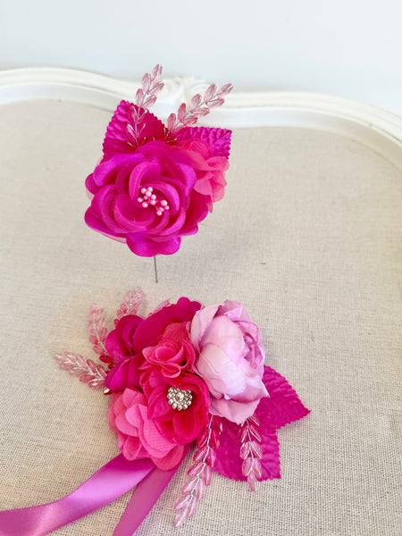 Hot Pink Elegance Corsage and Boutonniere Set, Wedding Prom, Prom Party Corsage Set