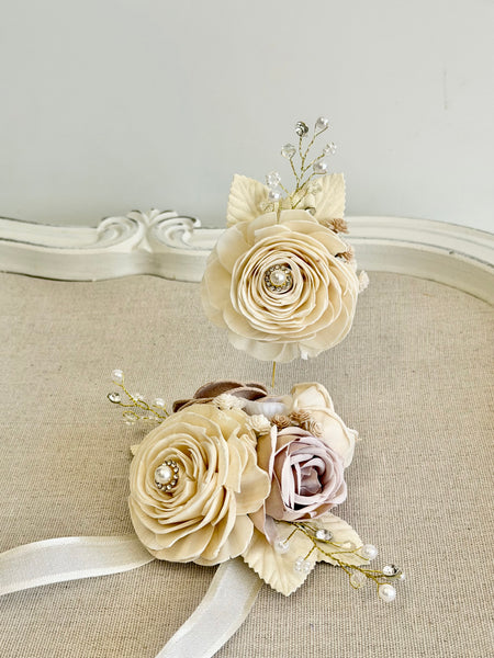 Ivory Beige Sola Wood Flower Corsage and Boutonniere Set, Prom Party Corsage Set