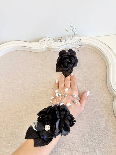 Black Corsage and Boutonniere Set, Wedding Bracelet, Prom Wrist Corsage Set