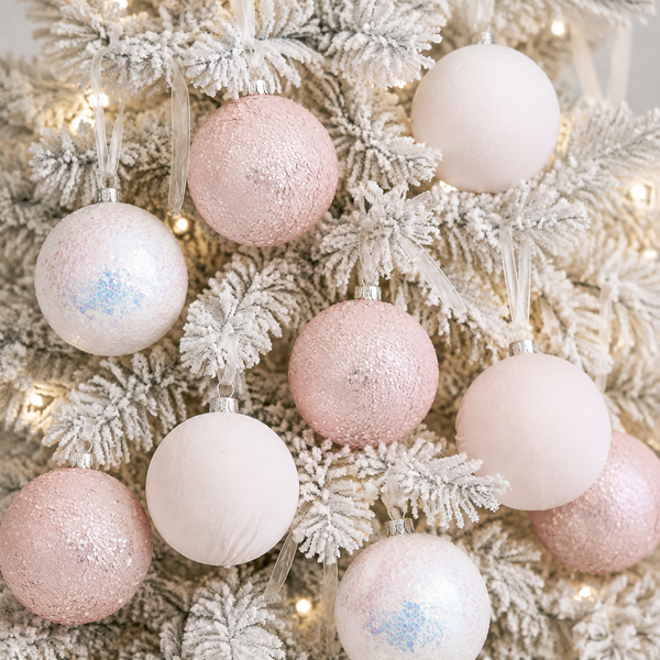 A close-up of frosted white artificial tree branches decorated with pastel Christmas ornaments in soft pink, blush, and white, with warm string lights glowing in the background.