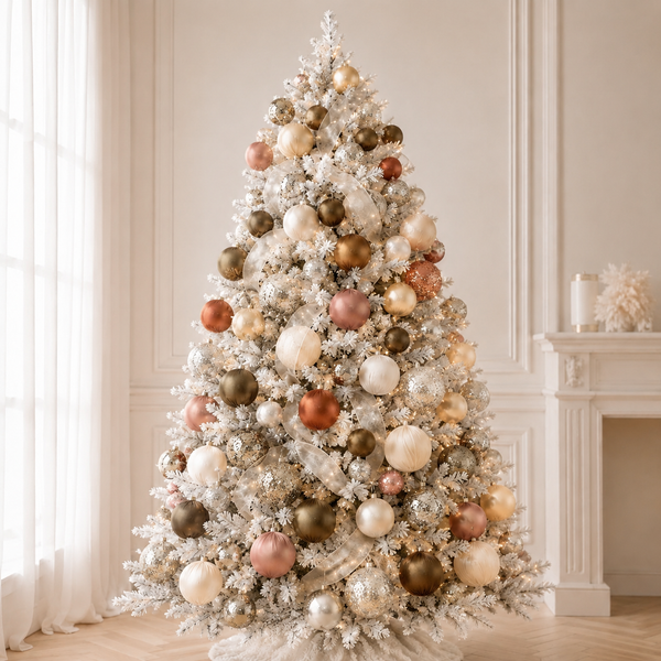 A flocked white Christmas tree decorated with metallic gold, rose gold, and cream ornaments, set in a bright, elegant room with a fireplace and sheer curtains.