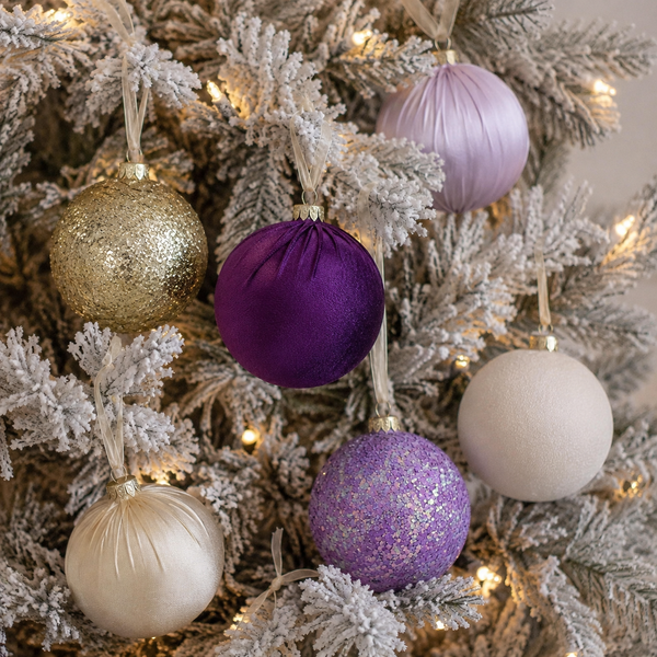 12 pcs Luxury Gold Purple Christmas Ornaments, Mix of Velvet Satin Glitter Textured Balls, Elegant Holiday Tree Decorations, Christmas Gifts