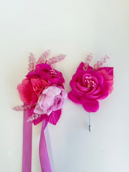 Hot Pink Elegance Corsage and Boutonniere Set, Wedding Prom, Prom Party Corsage Set