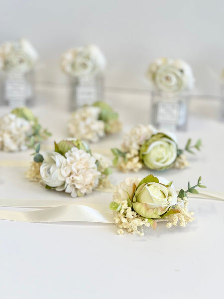 Ivory Wedding Corsages and Boutonniere Set, Prom Wrist Corsage Set, Ivory Corsage, Milky Wrist Corsage, Bridesmaids Corsage, Bridal Bracelets