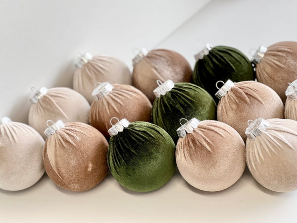 15 pcs Earth Tone Velvet Christmas Ornaments in Neutral Beige, Taupe and Forest Green, Handmade Cozy Holiday Tree Decor, Boho Farmhouse
