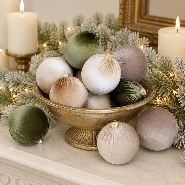 A collection of velvet Christmas ornaments in muted sage green, cream, taupe, and dusty mauve, arranged in a gold pedestal bowl on a marble mantel with lit candles, pine branches, and warm fairy lights.
