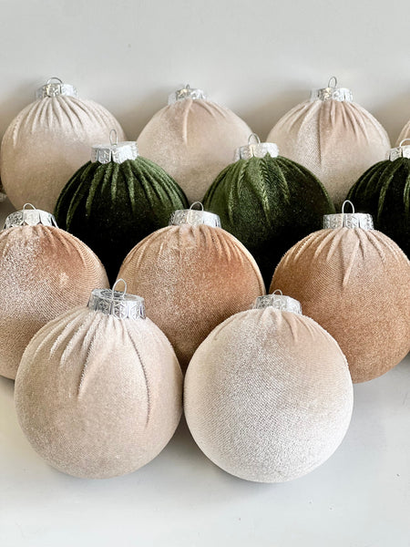 15 pcs Earth Tone Velvet Christmas Ornaments in Neutral Beige, Taupe and Forest Green, Handmade Cozy Holiday Tree Decor, Boho Farmhouse