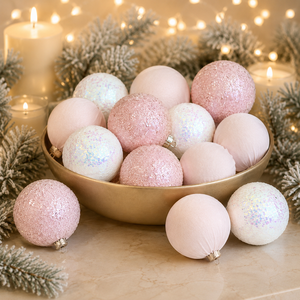 A bowl filled with pastel Christmas ornaments in soft pink, white, and iridescent finishes, styled with candles, pine branches, and warm string lights.