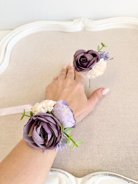 Prom Corsage and Boutonniere Set, Wedding Wrist Corsage, Dusty Purple Corsage, Lilac Wrist Corsage, Bridesmaids Corsage, Bridal Bracelets