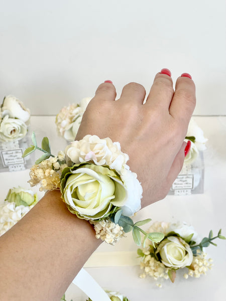 Ivory Wedding Corsages and Boutonniere Set, Prom Wrist Corsage Set, Ivory Corsage, Milky Wrist Corsage, Bridesmaids Corsage, Bridal Bracelets