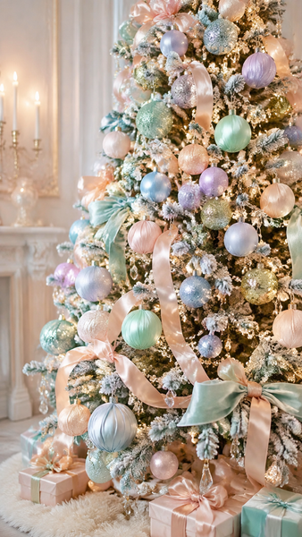 A beautifully decorated Christmas tree in a warm, elegant room, adorned with pastel-colored ornaments, ribbons, and lights, with wrapped gifts at its base.