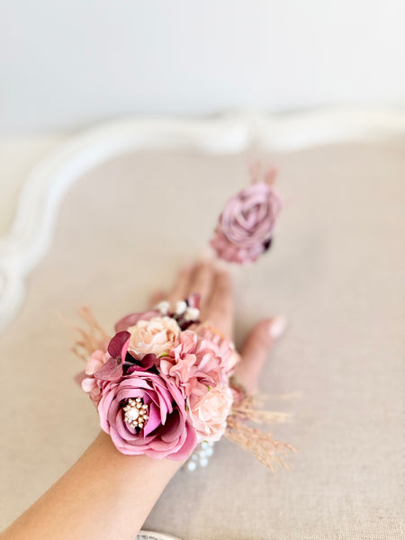 Dusty Rose Wedding Corsages, Prom Corsage and Boutonniere Set, Wrist Corsage, Mauve Wrist Corsage, Bridesmaids Corsage, Bridal Bracelets