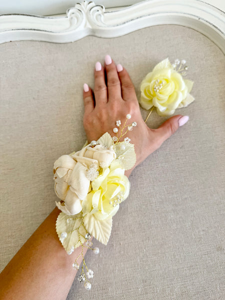 Light Yellow Corsage and Boutonniere Set, Ivory Prom Party Corsage Set