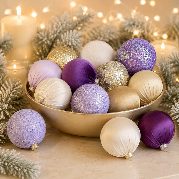 A collection of purple, lavender, and champagne gold Christmas ornaments, including glittered and satin-textured balls, arranged in a gold bowl with pine branches and warm holiday lights in the background.