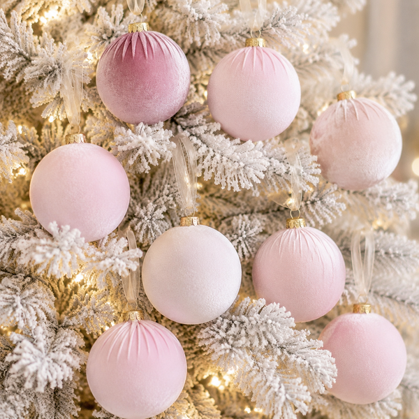 A close-up of a flocked Christmas tree decorated with soft pastel pink and white velvet ornaments, lit by warm white string lights.