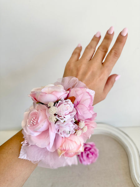 Baby Pink Prom Corsage and Boutonniere Set, Wedding Corsages, Wrist Corsage, Bridesmaids Corsage, Bridal Bracelets