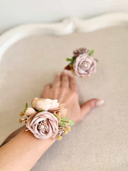 Beige Wedding Corsages Boutonniere Set, Prom Wrist Corsage, Rustic Wedding Corsage, Nude Corsage, Beige Wrist Corsage, Bridesmaids Corsage, Bridal Bracelets