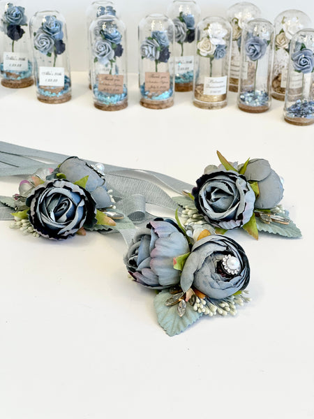 Dusty Blue Wedding Corsages and Boutonnières Set, Wrist Corsage, Prom Corsage, Bridesmaids Corsage, Bridal Bracelets, Mom Corsage