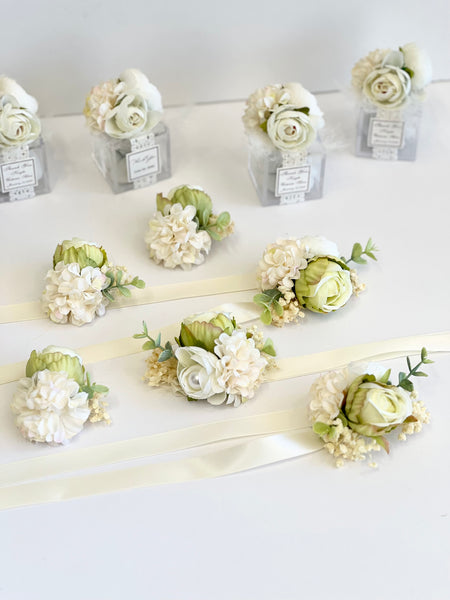 Ivory Wedding Corsages and Boutonniere Set, Prom Wrist Corsage Set, Ivory Corsage, Milky Wrist Corsage, Bridesmaids Corsage, Bridal Bracelets