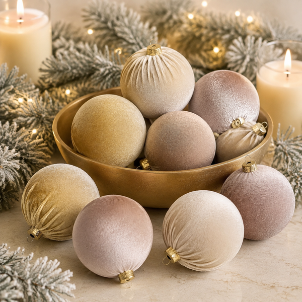 A set of velvet Christmas ornaments in muted champagne, blush, taupe, and dusty rose tones, arranged in a gold bowl with additional ornaments and holiday greenery on a marble surface, flanked by lit candles.