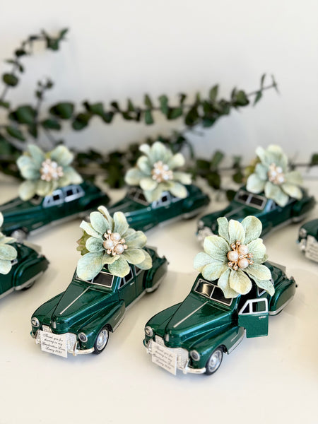 Vintage Elegance Car Wedding Favors, Emerald Green Personalized Guest Keepsakes, Luxury Custom Party Gifts